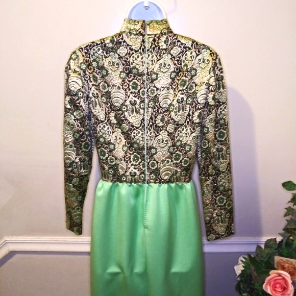 Vintage One-Of-A-Kind Handsewn Black Gold/Mint Lame´ Bodice Long Cocktail Dress - Picture 10 of 16